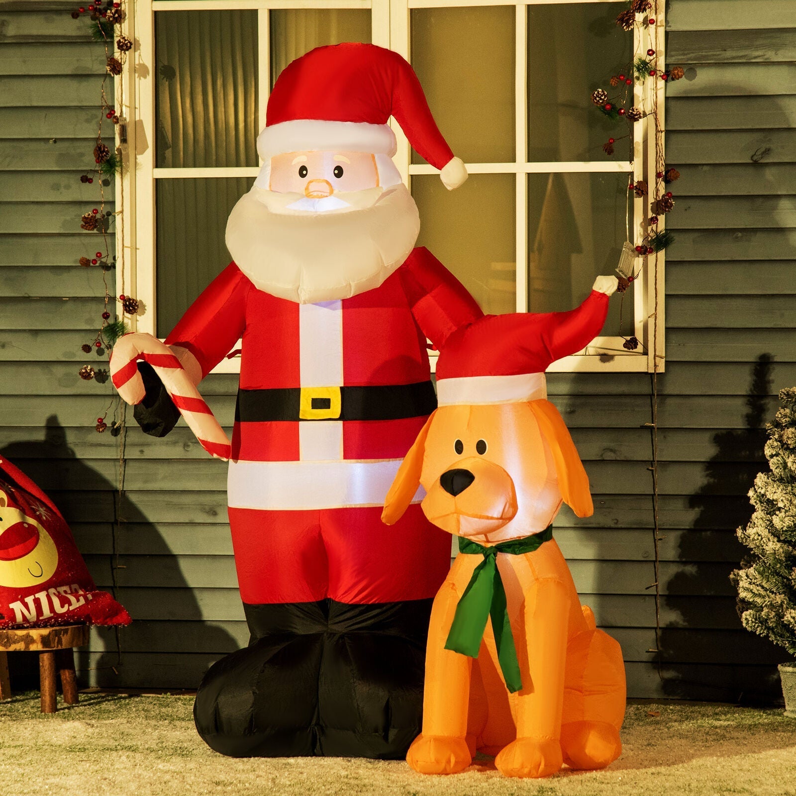Aufblasbarer Weihnachtsmann mit Hund, 157cm mit LED-Beleuchtung. Weihnachten Deko Luftfigur