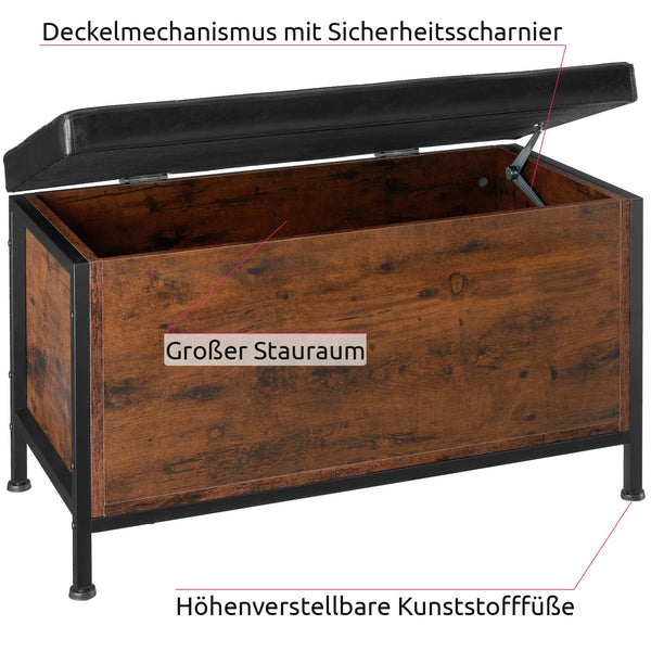 Sitztruhe aus Holz. Industrial. 81,5 x 41,5 x 50,5 cm. Mit Stauraum, Sitztruhe, Sitzhocker mit Polsterung.