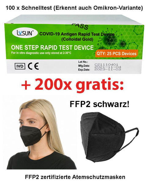 Lysun Corona Lollitest. BfArM gelistet. 100% Spezifität. 200 x FFP2 schwarze Atemschutzmasken gratis!