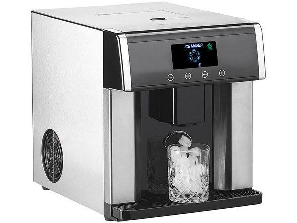 Profi Eiswürfelmaschine mit Spender. Robustes Edelstahlgehäuse. Eiswürfel oder Eiswasser auf Knopfdruck.