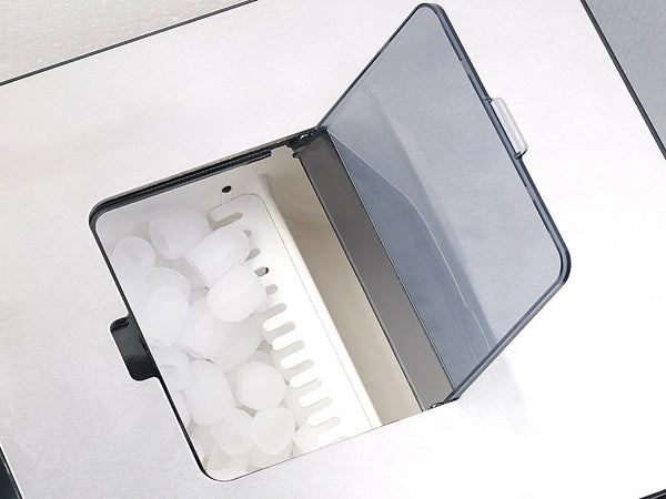 Profi Eiswürfelmaschine mit Spender. Robustes Edelstahlgehäuse. Eiswürfel oder Eiswasser auf Knopfdruck.