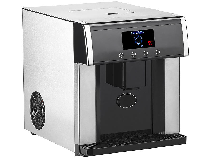 Profi Eiswürfelmaschine mit Spender. Robustes Edelstahlgehäuse. Eiswürfel oder Eiswasser auf Knopfdruck
