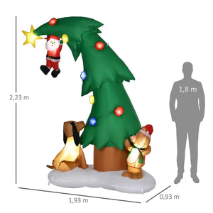 Aufblasbarer Weihnachtsbaum Weihnachtsmann 223 cm mit Hund und Teddy IP44 LED Selbstaufblasend