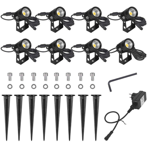 LED Gartenlicht 8er Set mit Gartenspieß. 8 x 3 Watt LED-Licht. Warmweiß.