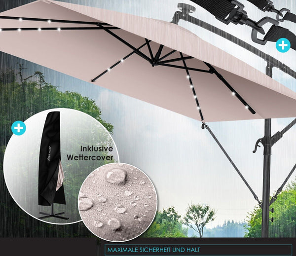 Ampelschirm Sonnenschirm Rechteckig LED Solar Inkl. Abdeckung + Windsicherung mit Kurbelvorrichtung Aluminium mit An-/Ausschalter Wasserabweisend 250cm x 250cm Schirm Gartenschirm