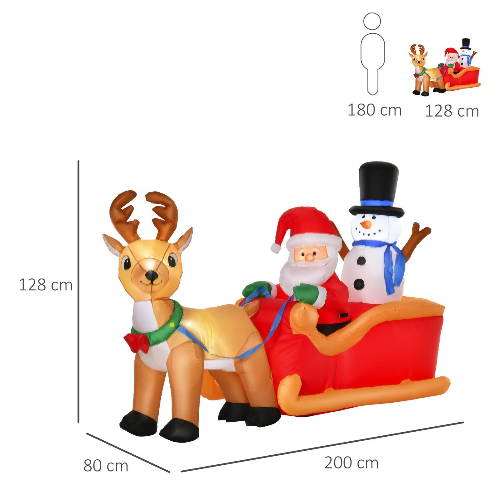 Aufblasbarer Weihnachtsmann mit Schneemann auf Schlitten, 128 cm mit LED-Beleuchtung. Weihnachten Deko Luftfigur