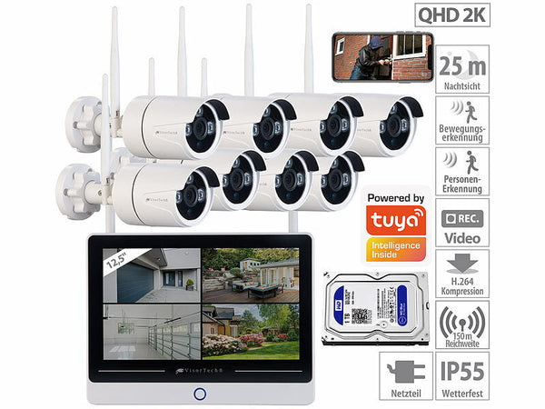 Kamera-Überwachungssystem (mit Monitor) mit 8 WLAN-Internetkameras QHD-Auflösung 2.304 x 1.296 Pixel (2K 1296p)